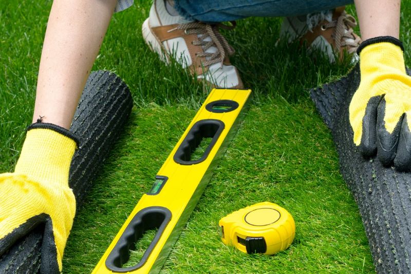Trade tools laid out on a compacted base for a synthetic grass install