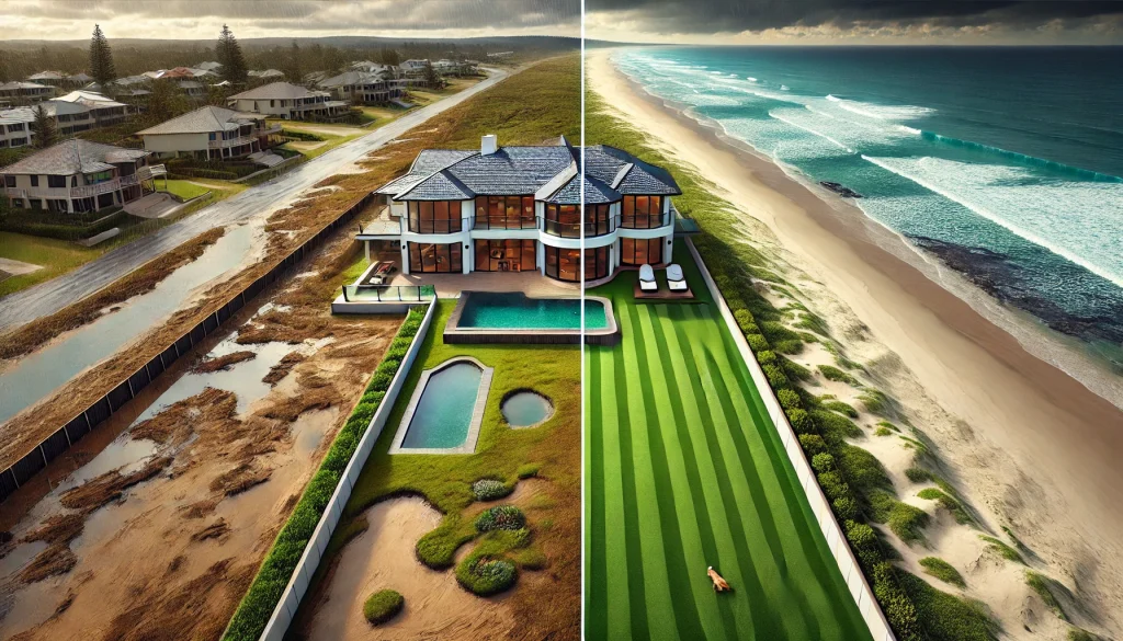 Aerial view of a luxurious beachfront property in Bateau Bay, showing a striking before-and-after transformation with half natural grass (brown patches, puddles) and half artificial turf (uniform green, dry surface) after rainfall, with the ocean visible in the background.