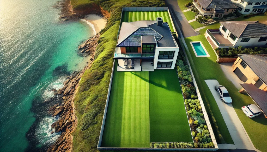 Aerial view of a luxury home in Bateau Bay, Australia, featuring a lawn with half natural grass and half artificial turf, highlighting the difference in color and texture. The coastal water is visible in the background.