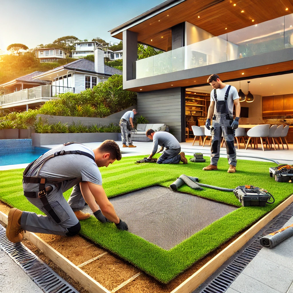 Professional installation team laying artificial turf in an upscale Bateau Bay backyard, showcasing base preparation with proper drainage and edging installation in progress.
