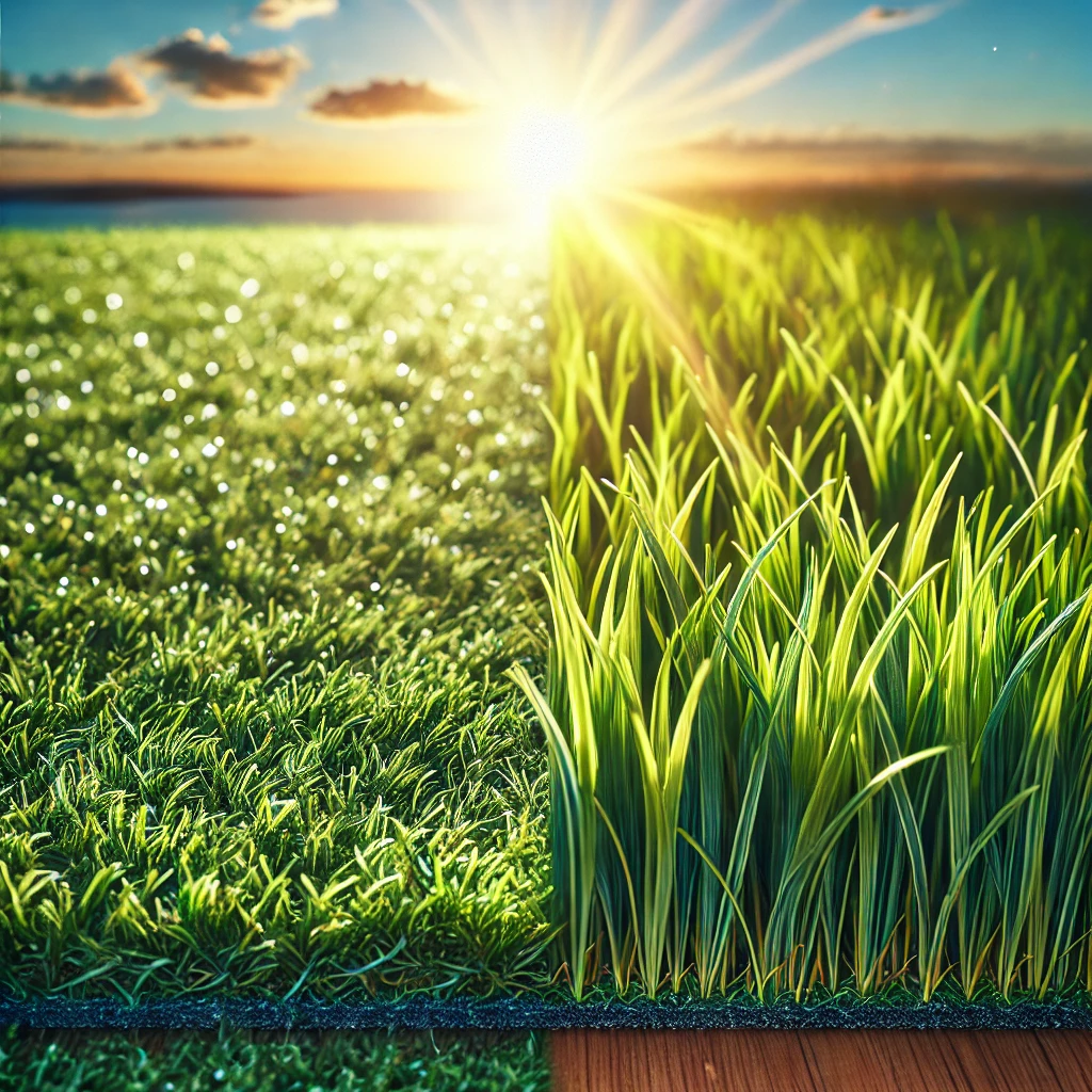 Close-up view of premium artificial turf beside natural grass in Bateau Bay on a sunny day, showcasing the realistic texture and vibrant color of synthetic grass compared to the natural lawn.