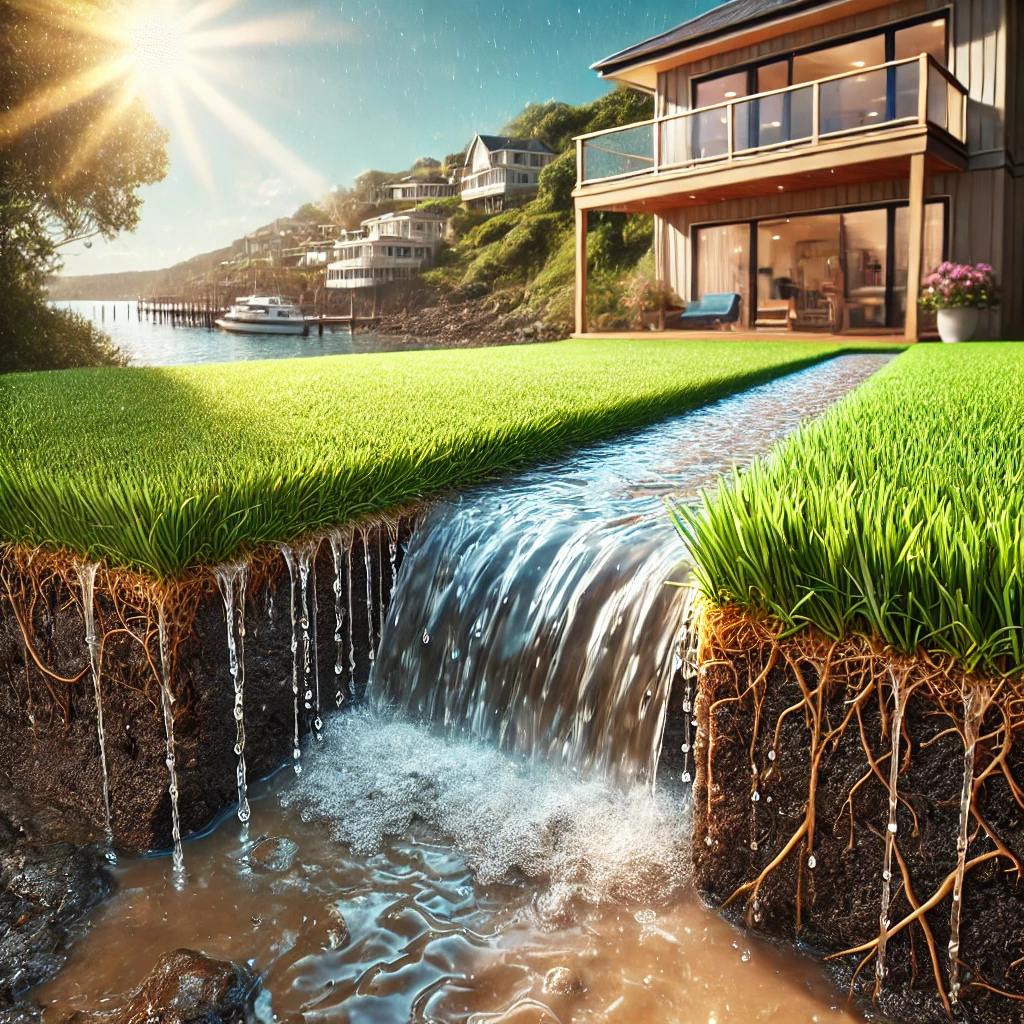 Close-up comparison of an artificial turf drainage system next to muddy natural grass after heavy rainfall in Bateau Bay. The artificial grass allows clear water to flow through, while the natural grass remains waterlogged. A coastal home is visible in the background under bright sunlight after the storm.