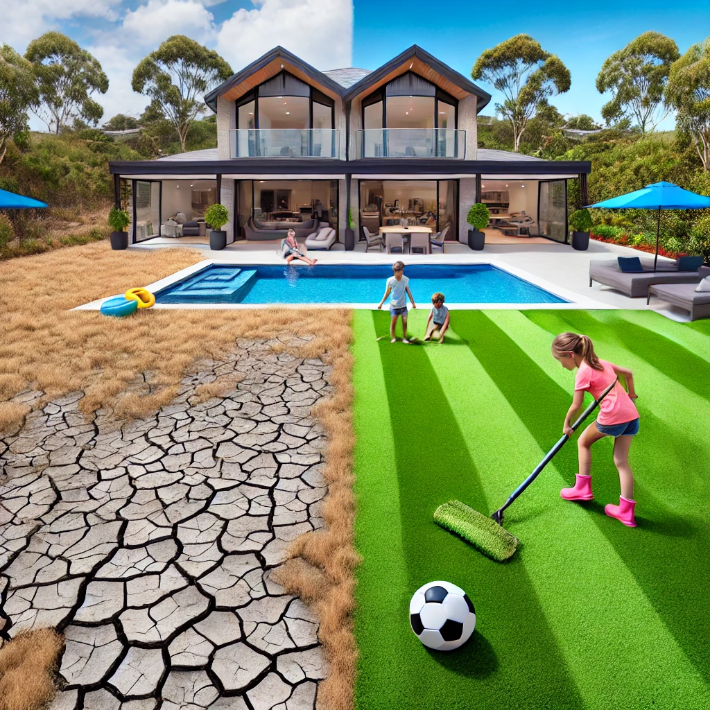 Before-and-after split image of a luxury home in Bateau Bay, Australia, showcasing a side-by-side comparison of a drought-affected natural lawn and a lush artificial turf installation, with a family enjoying outdoor activities on the vibrant green synthetic grass.