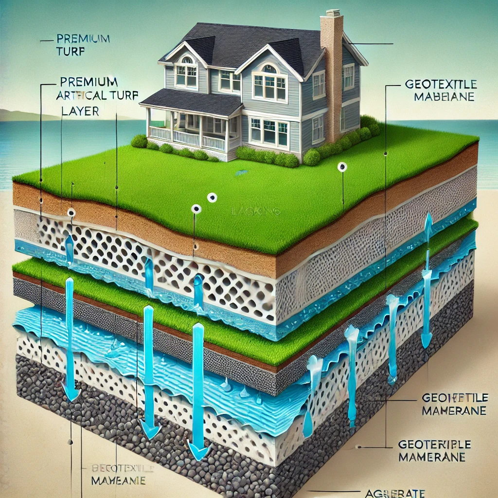 A technical illustration of a cross-section diagram showing the drainage layers of premium artificial turf for coastal homes. The diagram includes a permeable aggregate base, geotextile membrane, drainage holes, and synthetic turf fibers. Blue arrows indicate rainwater flow patterns, demonstrating efficient water drainage and absorption.