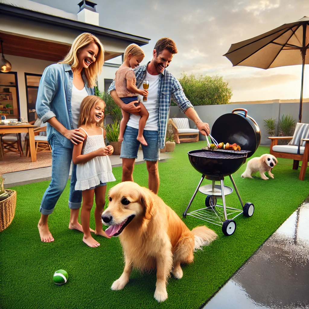 A happy family enjoying a backyard BBQ on perfectly dry artificial turf immediately after rainfall, with puddles visible on natural grass beyond the property line. A golden retriever plays joyfully on the synthetic grass in a coastal Australian backyard setting.