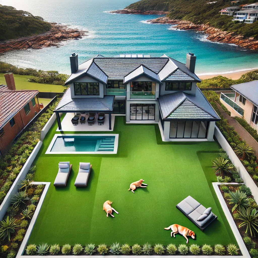 Aerial view of a premium waterfront home in Bateau Bay featuring a perfectly manicured artificial grass yard. Two dogs are seen relaxing on the lush surface, contrasting with neighboring natural lawns that show visible wear patterns. The coastal backdrop enhances the luxurious setting.
