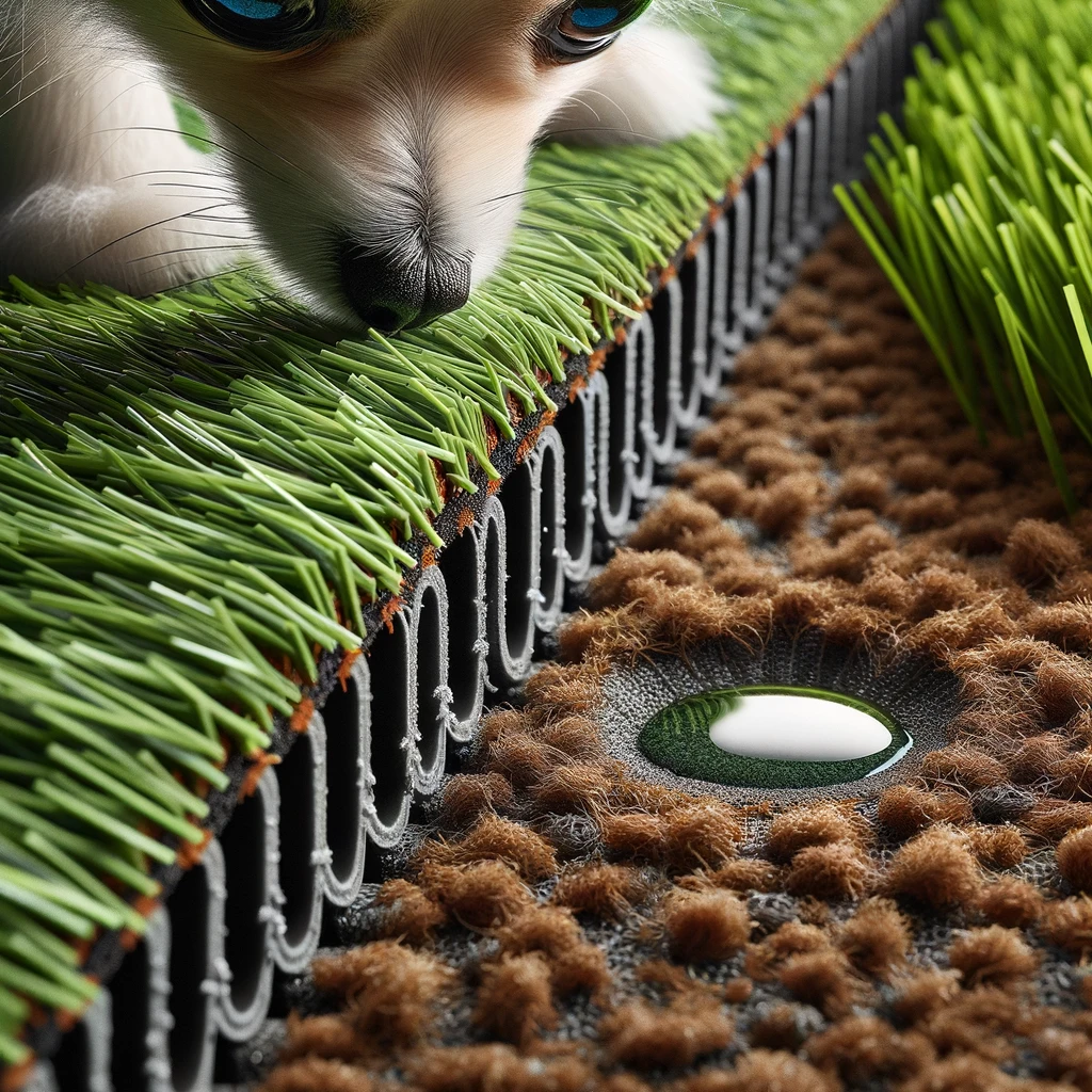 A detailed close-up of pet-friendly artificial grass next to natural grass, showcasing the specialized backing and drainage system of the artificial option. A small puddle is being quickly absorbed, highlighting its efficient water management.