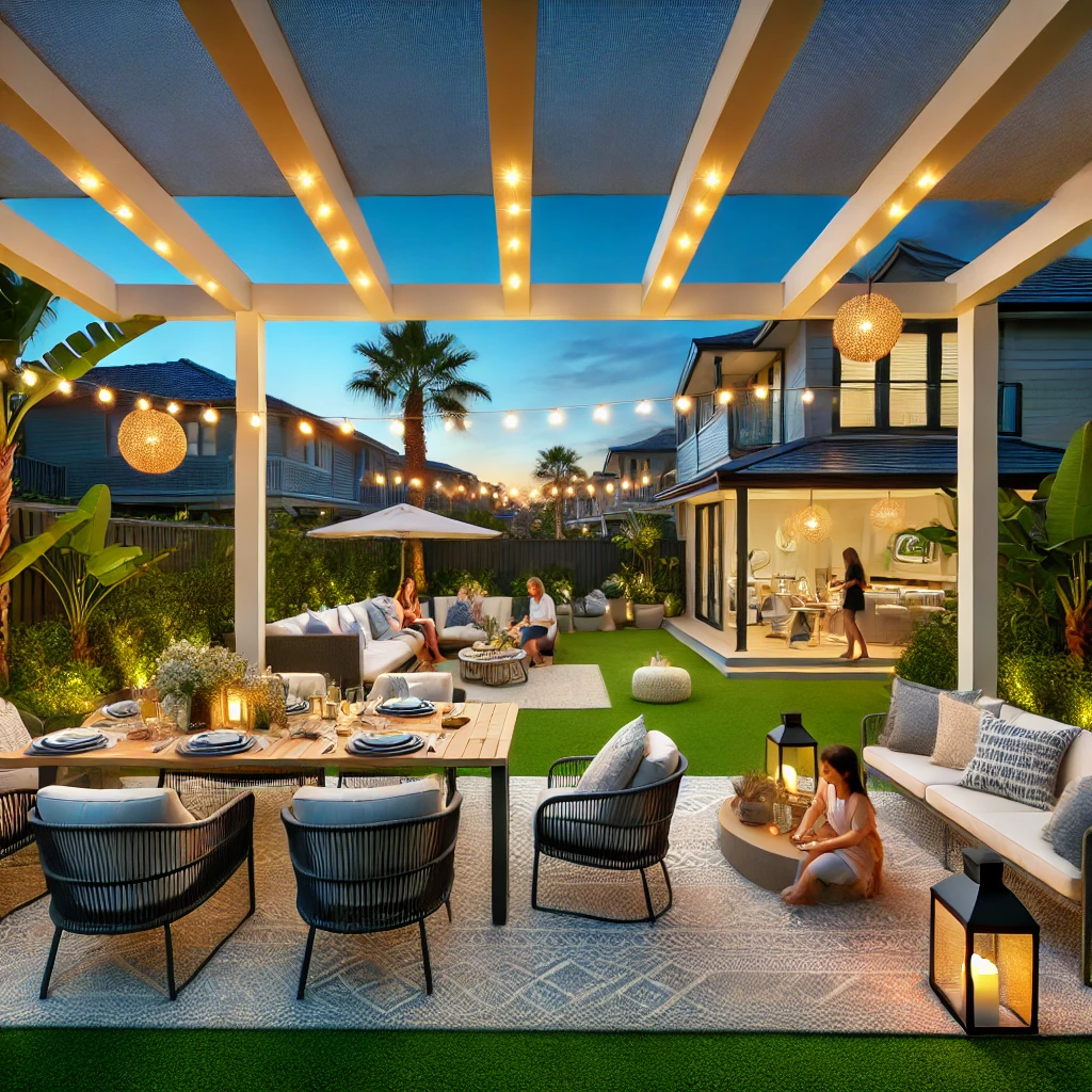 A beautifully designed outdoor entertaining area in a Bateau Bay backyard, featuring pristine artificial turf, stylish outdoor furniture, glowing string lights, and a family enjoying a dinner party at twilight. The coastal premium property is captured in a professional real estate photography style.