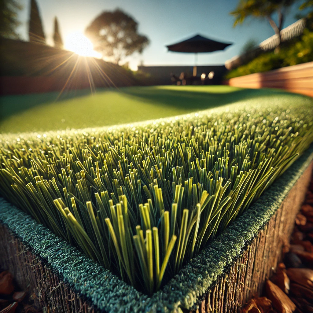 An extreme close-up of premium artificial turf in a Bateau Bay garden, highlighting its realistic texture and individual blades. Sunlight enhances the natural-looking features, with a shallow depth of field focusing on the turf against natural landscaping.