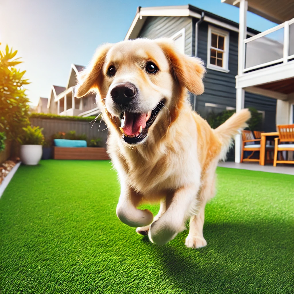 A joyful Golden Retriever playing on bright green artificial grass in a Bateau Bay backyard, with coastal homes in the background. The dog's paws are clean, with no mud or dirt, highlighting a well-maintained outdoor space.