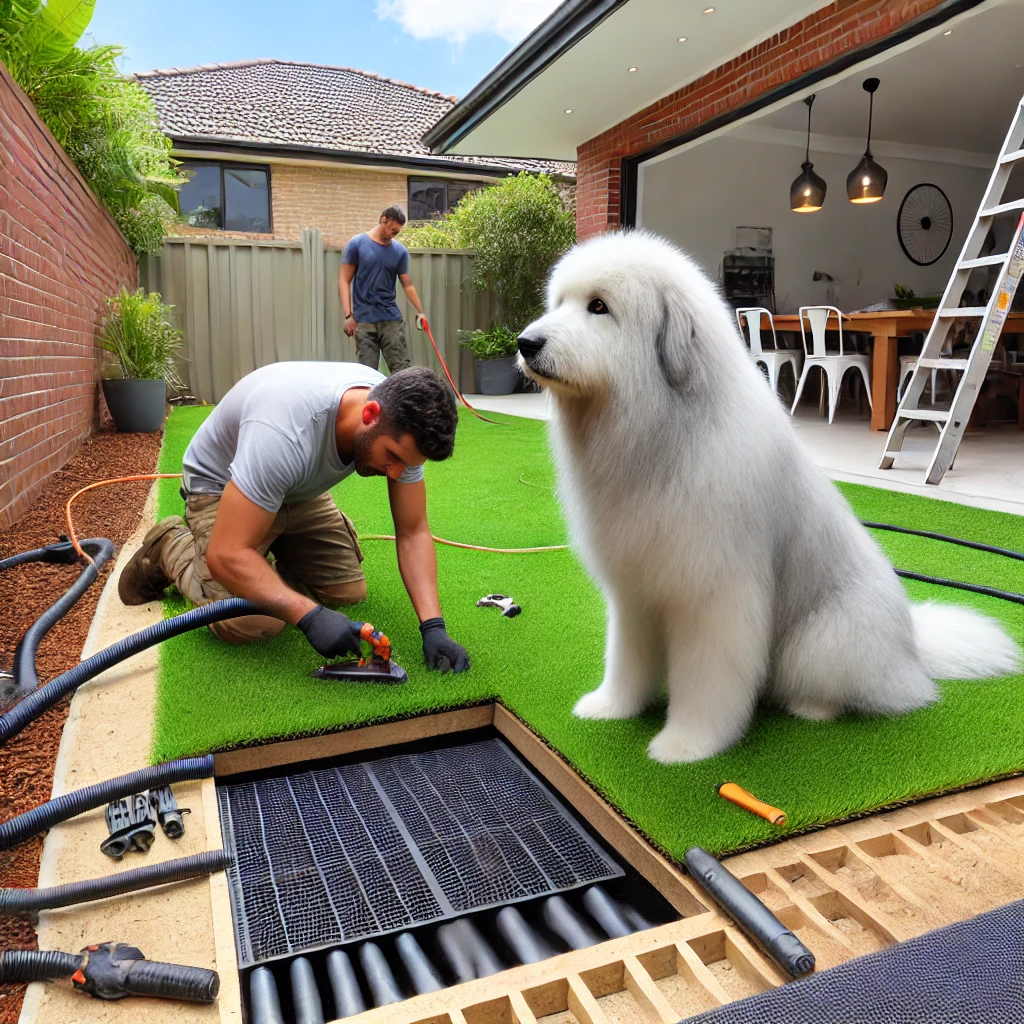 Workers professionally installing pet-friendly artificial grass in a Bateau Bay backyard, showcasing the drainage layer being placed with proper tools and equipment for efficient water management.