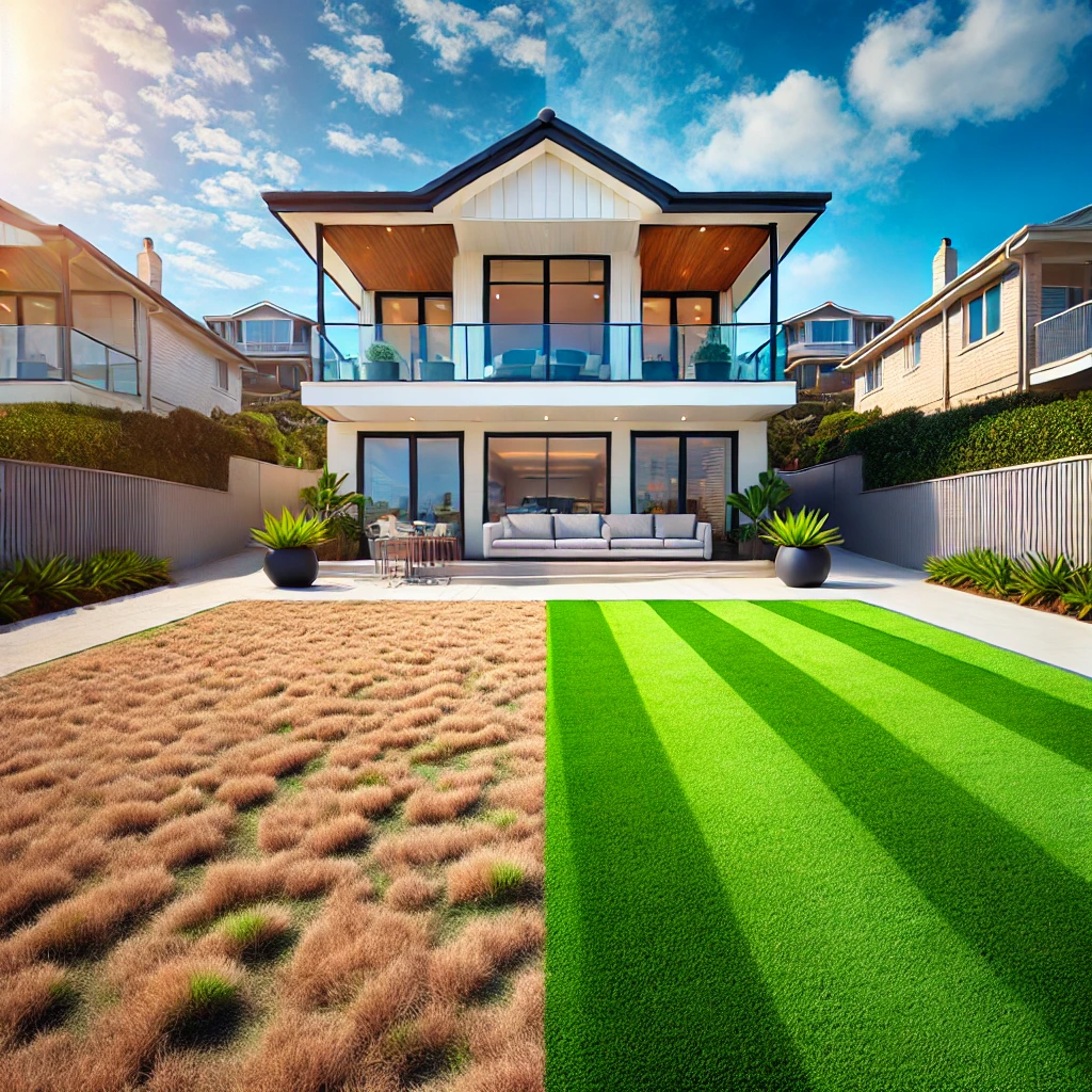 A split-image of a luxury Bateau Bay home's front yard, showing patchy, brown natural grass affected by drought on the left and vibrant green artificial turf on the right. A modern coastal home stands in the background under a bright, sunny sky, captured in professional real estate photography style.