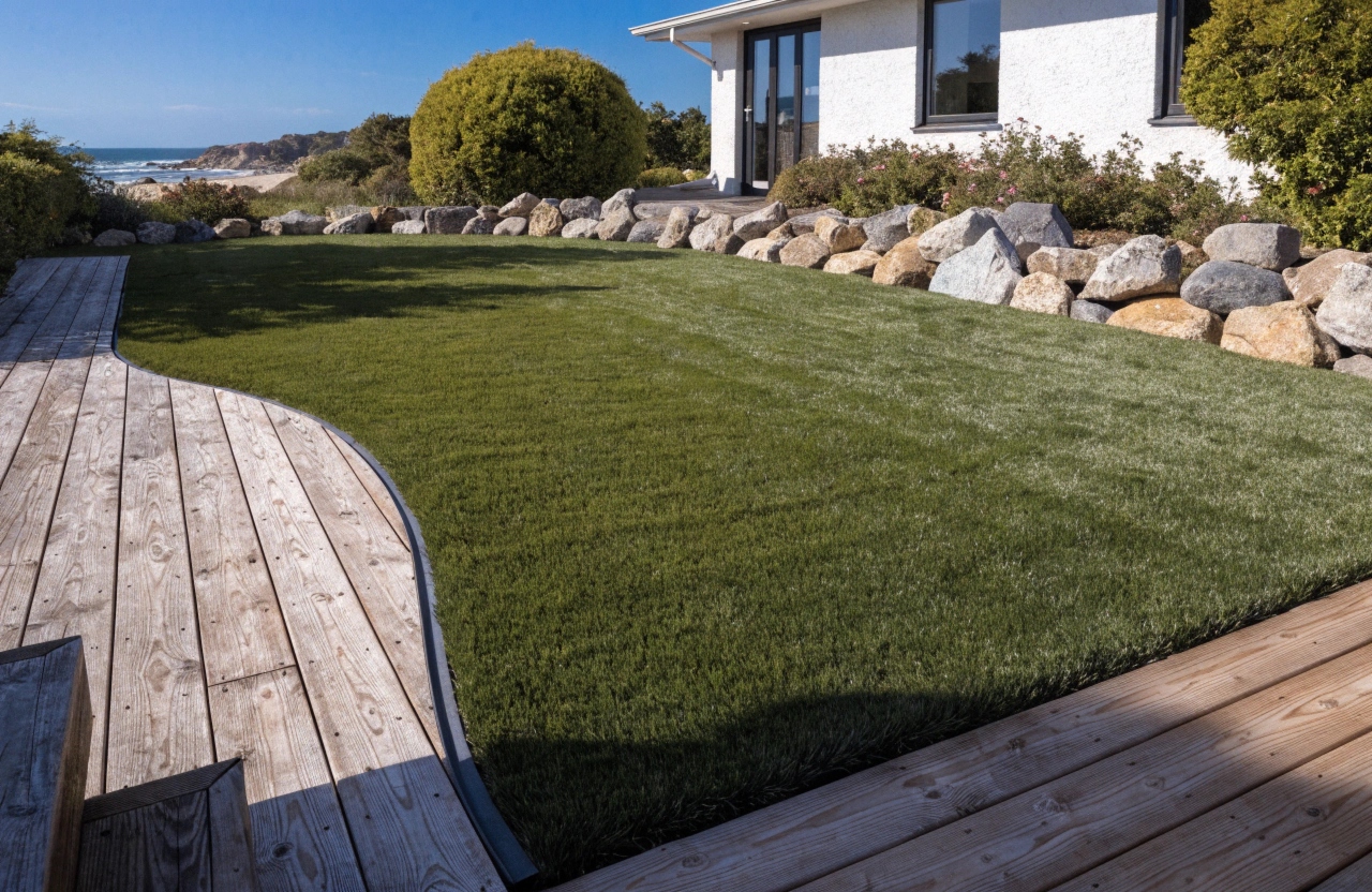 Synthetic grass installation in a coastal Bateau Bay backyard with timber decking and white rendered home