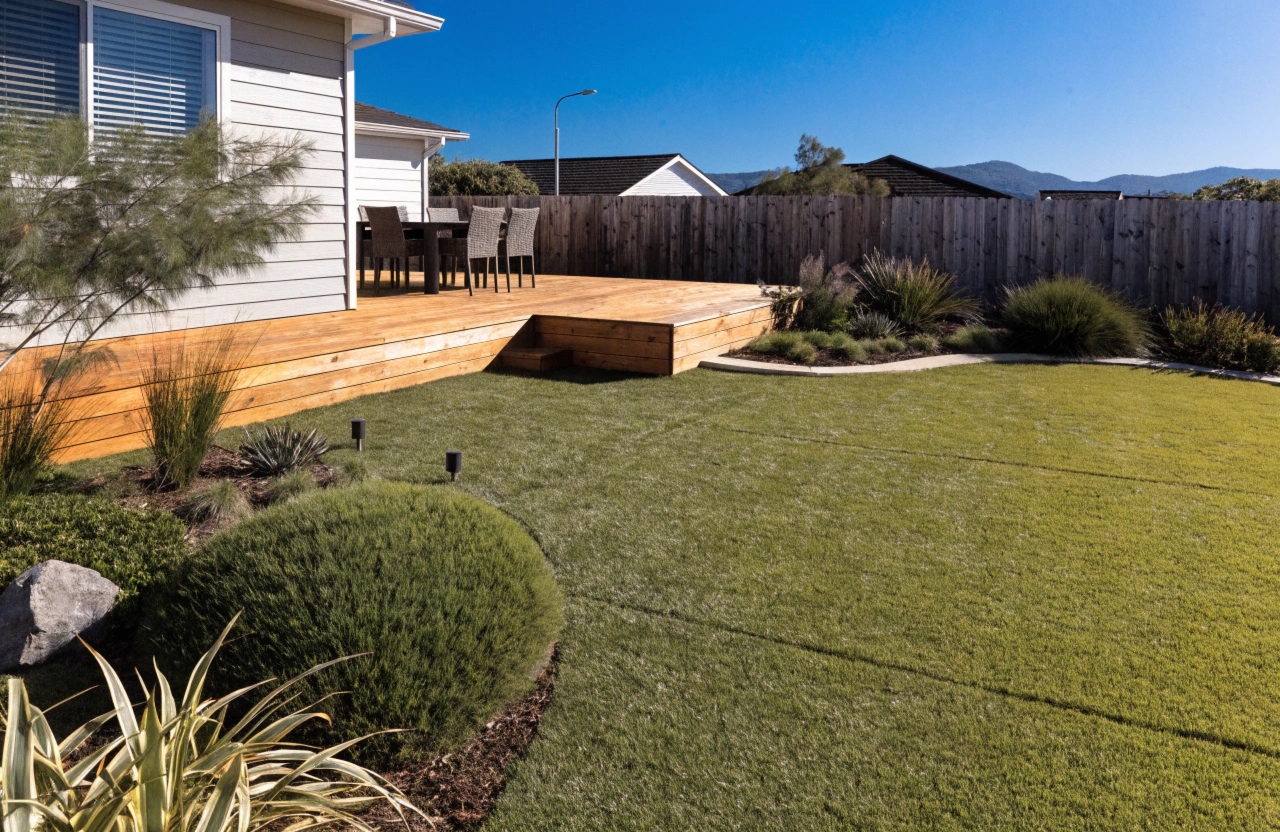 Premium artificial grass installation in a Long Jetty residential backyard with timber deck and coastal garden