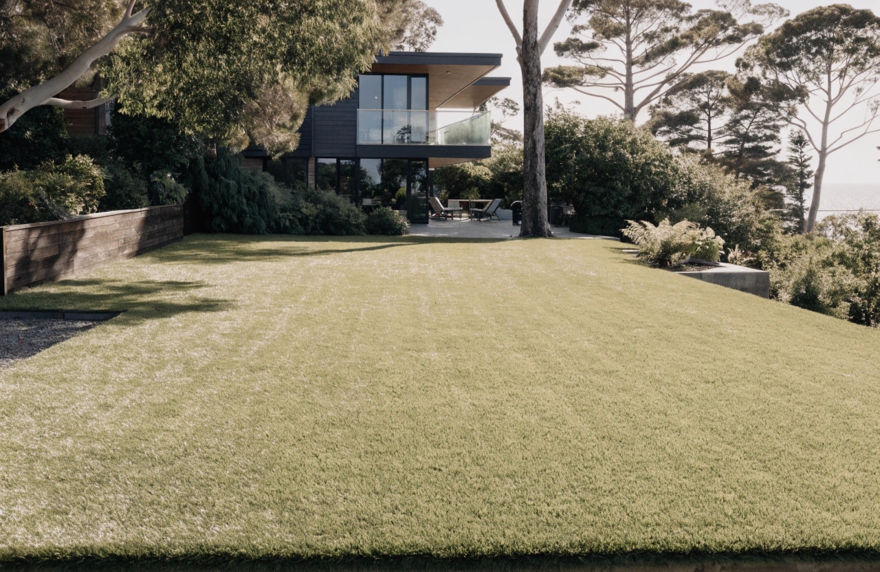 Well-maintained synthetic lawn in a Central Coast backyard with modern Australian home in the background