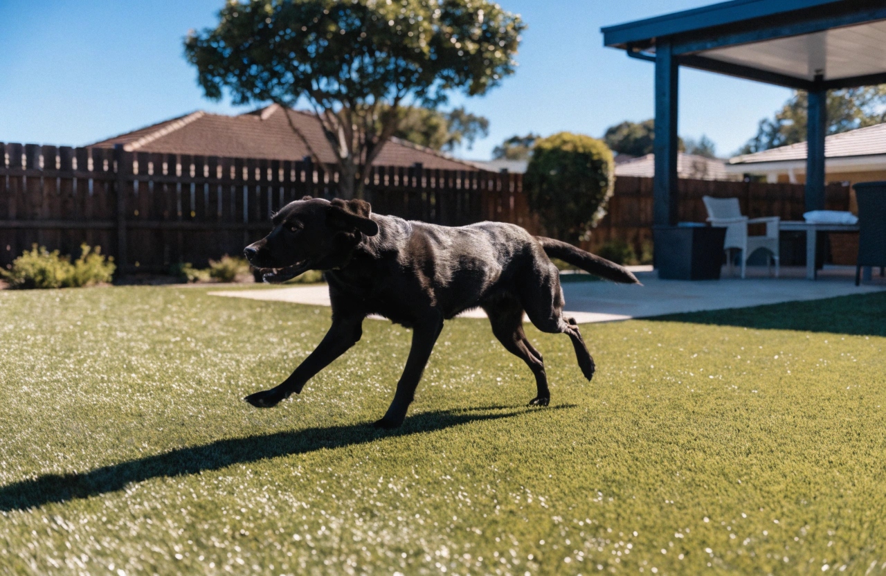 Active labrador playing on durable pet-friendly synthetic grass