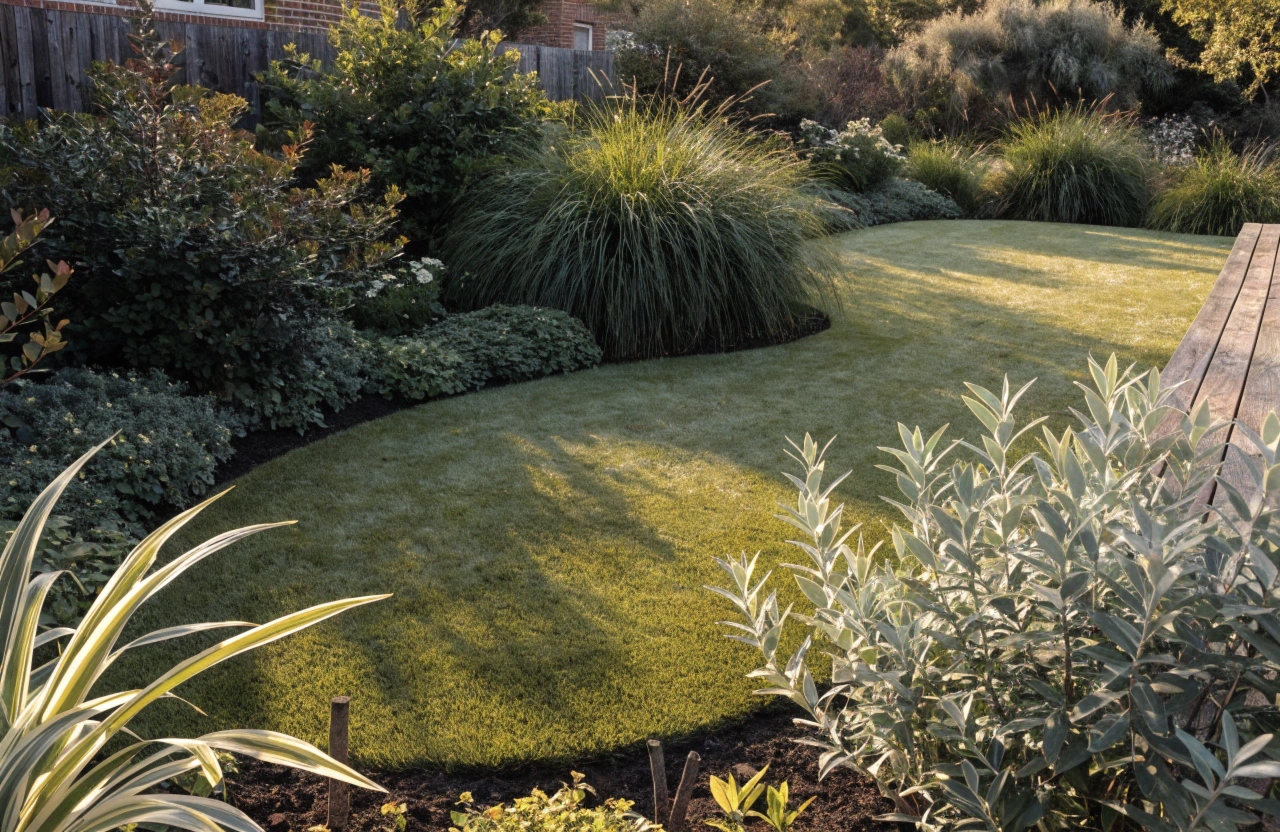 Custom synthetic lawn with curved edges integrated into garden beds at a Central Coast residential property