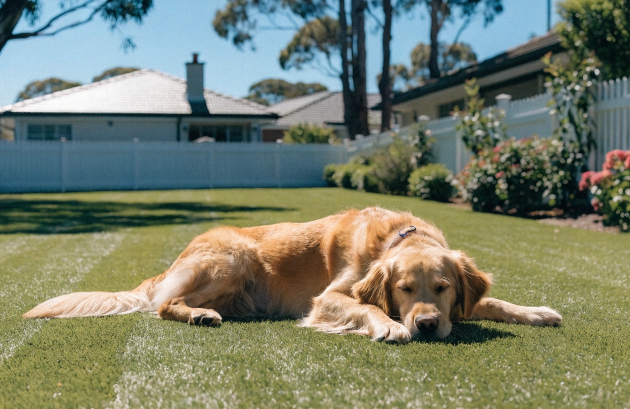 Pet-friendly synthetic grass in a Berkeley Vale backyard with a dog resting on the lawn