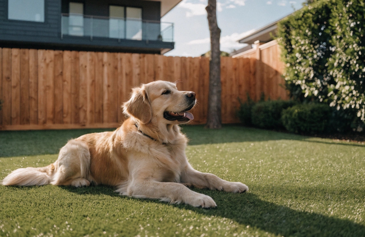 Golden retriever relaxing on pet-friendly synthetic grass in a Central Coast backyard