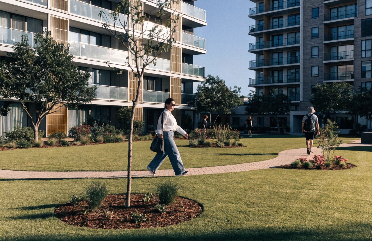 Body corporate common area with artificial grass at a Central Coast apartment complex