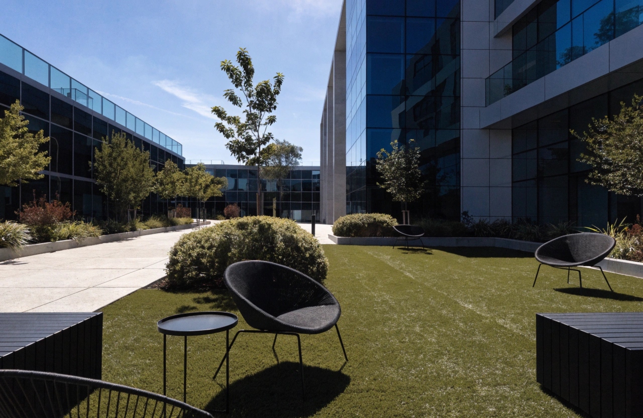 Commercial artificial grass installation in a Central Coast office complex courtyard