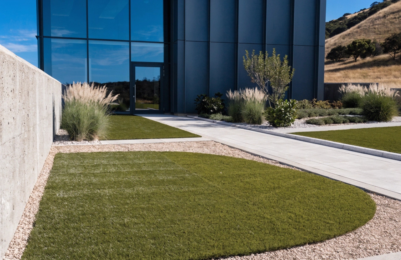 Artificial grass at a modern commercial building entry on the Central Coast