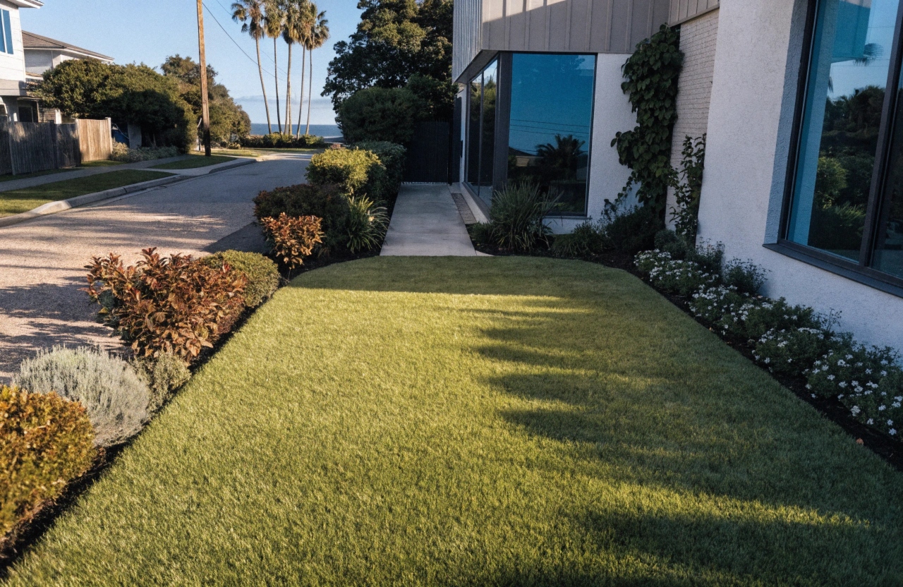 Artificial grass front yard installation at a modern home on the Central Coast NSW