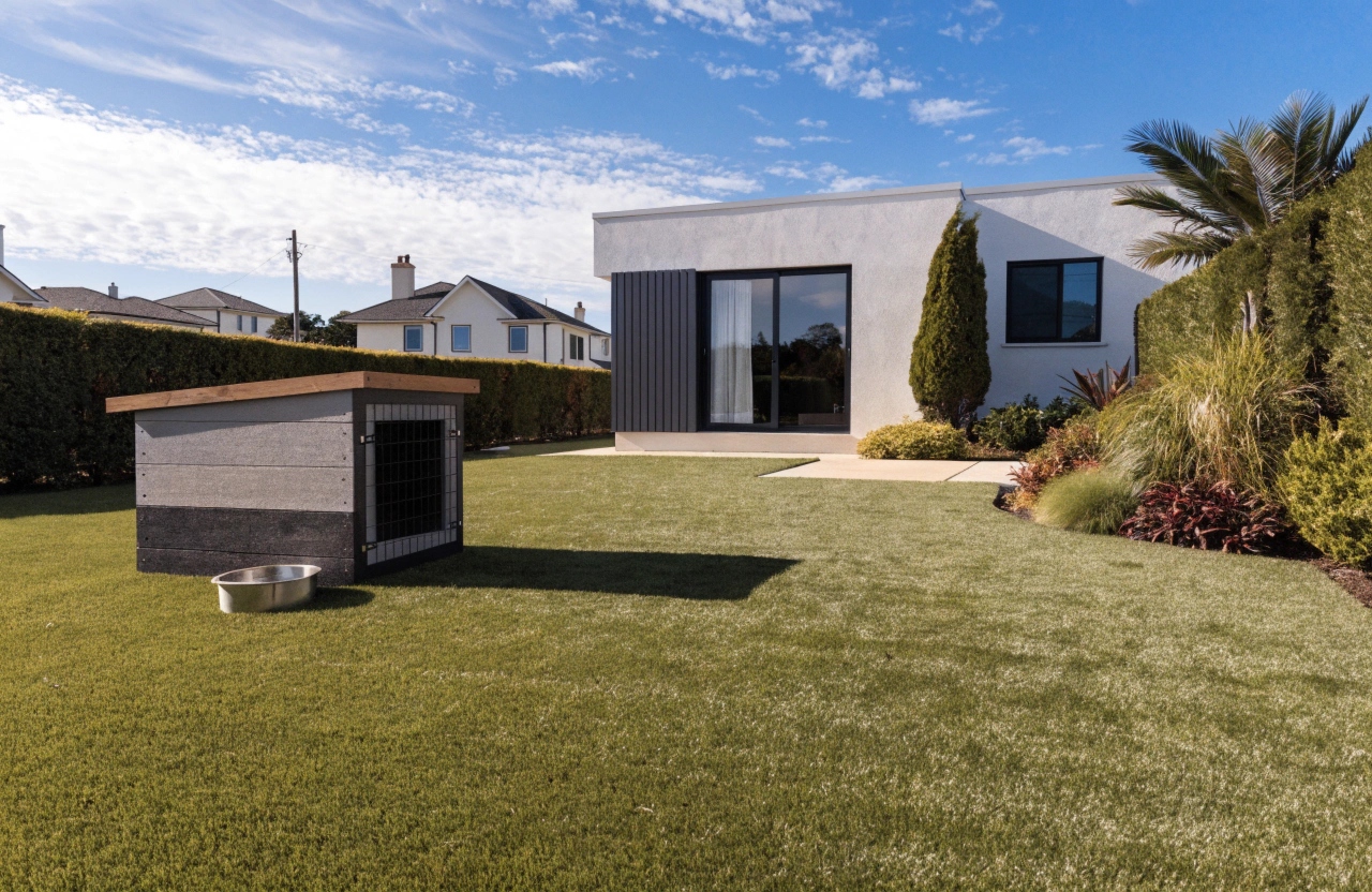 Pet-friendly artificial grass installation with kennel in a Central Coast backyard