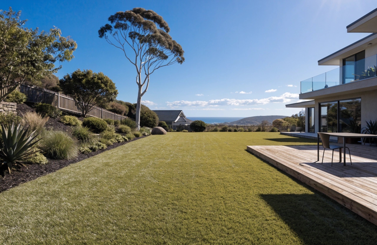 Premium synthetic grass installation in a Berkeley Vale backyard with timber decking and landscaped garden borders