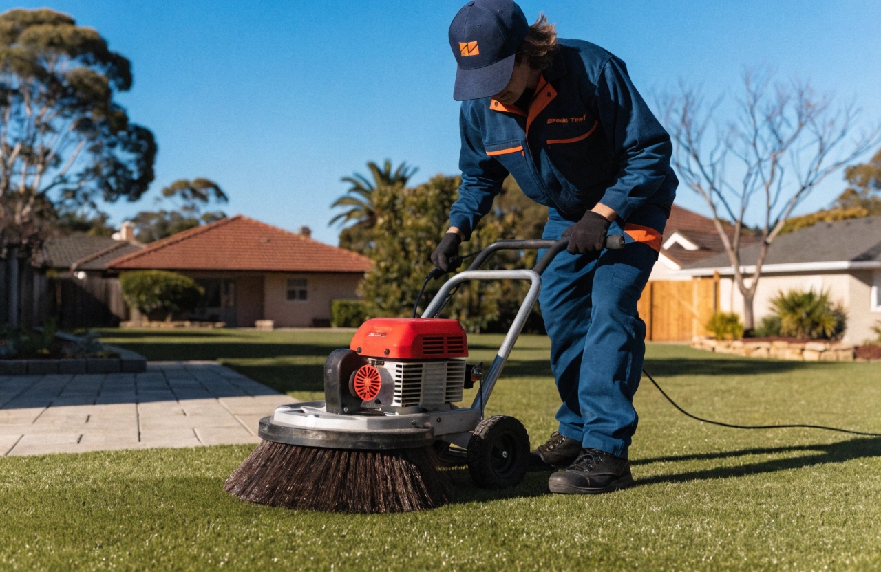 Professional technician using powered brushing equipment to restore the pile on a synthetic grass lawn