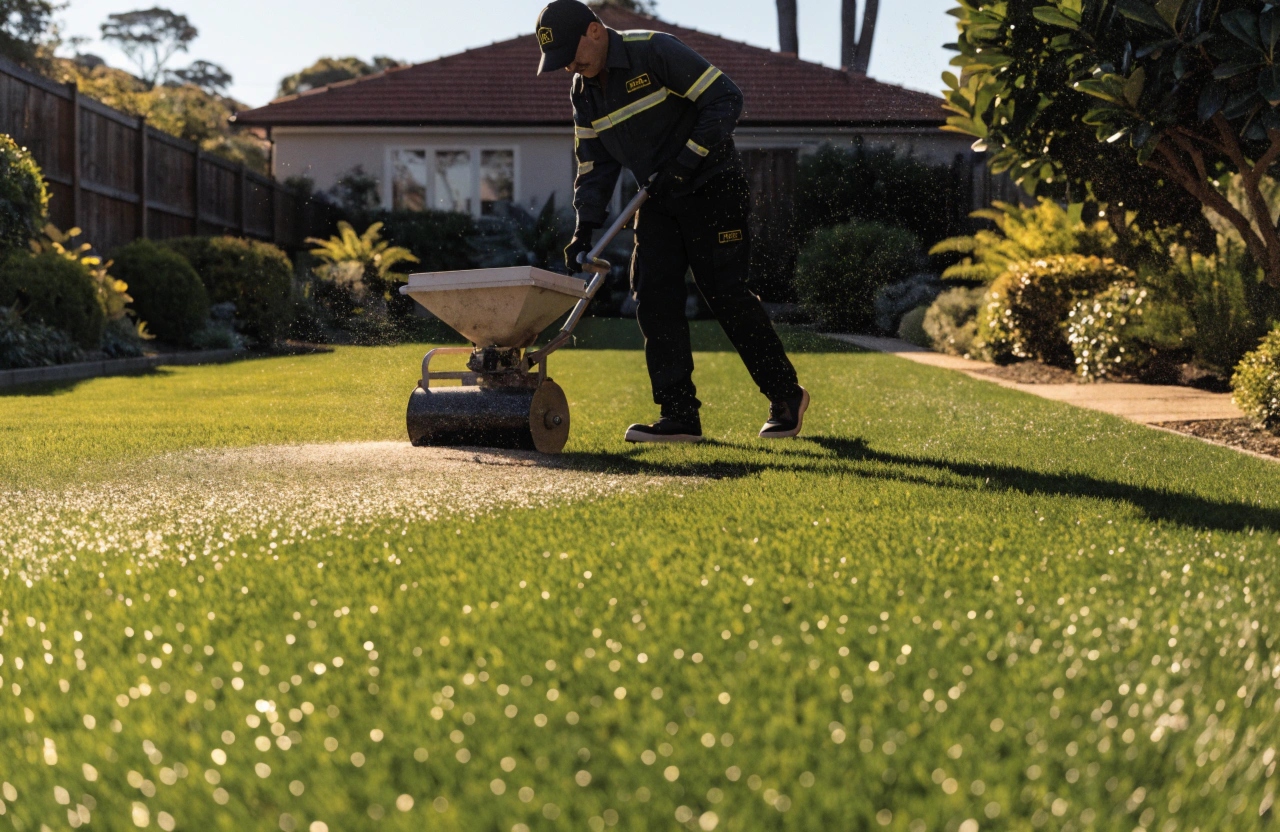 Professional technician replenishing infill material across a synthetic grass lawn during a scheduled maintenance visit on the Central Coast