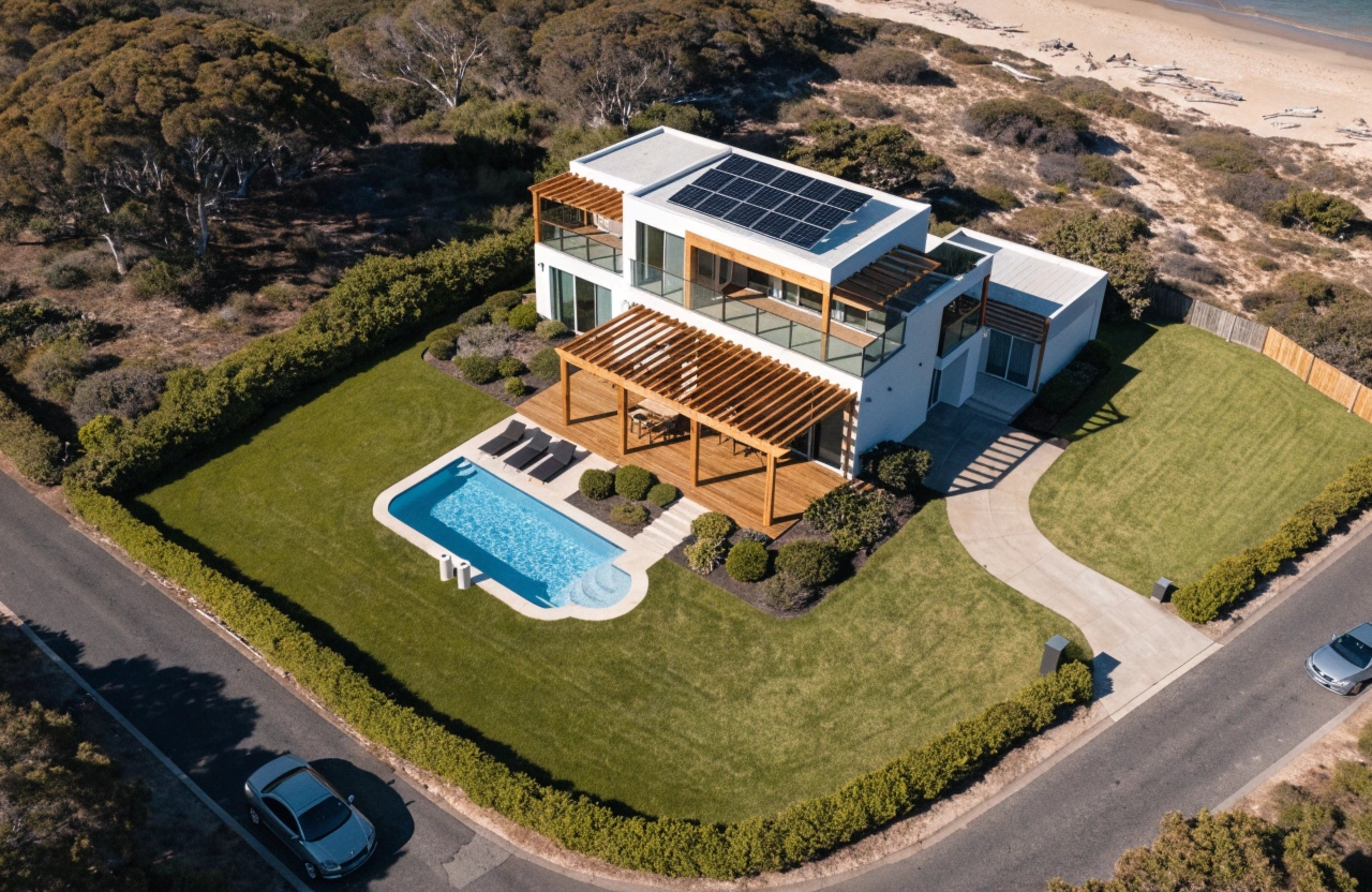 Aerial view of a synthetic grass lawn installation at a residential property near Berkeley Vale on the Central Coast