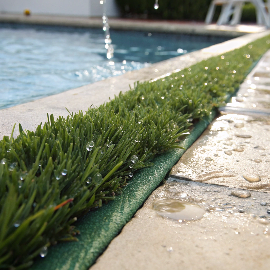 Artificial turf pool surround surface wet after swimming with water draining through