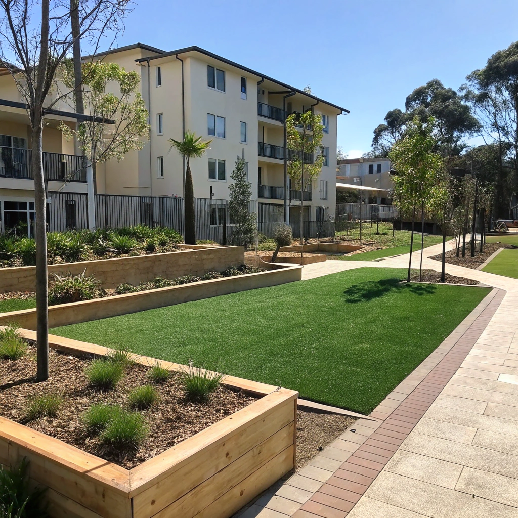 Commercial synthetic grass installed in a strata common area — Central Coast