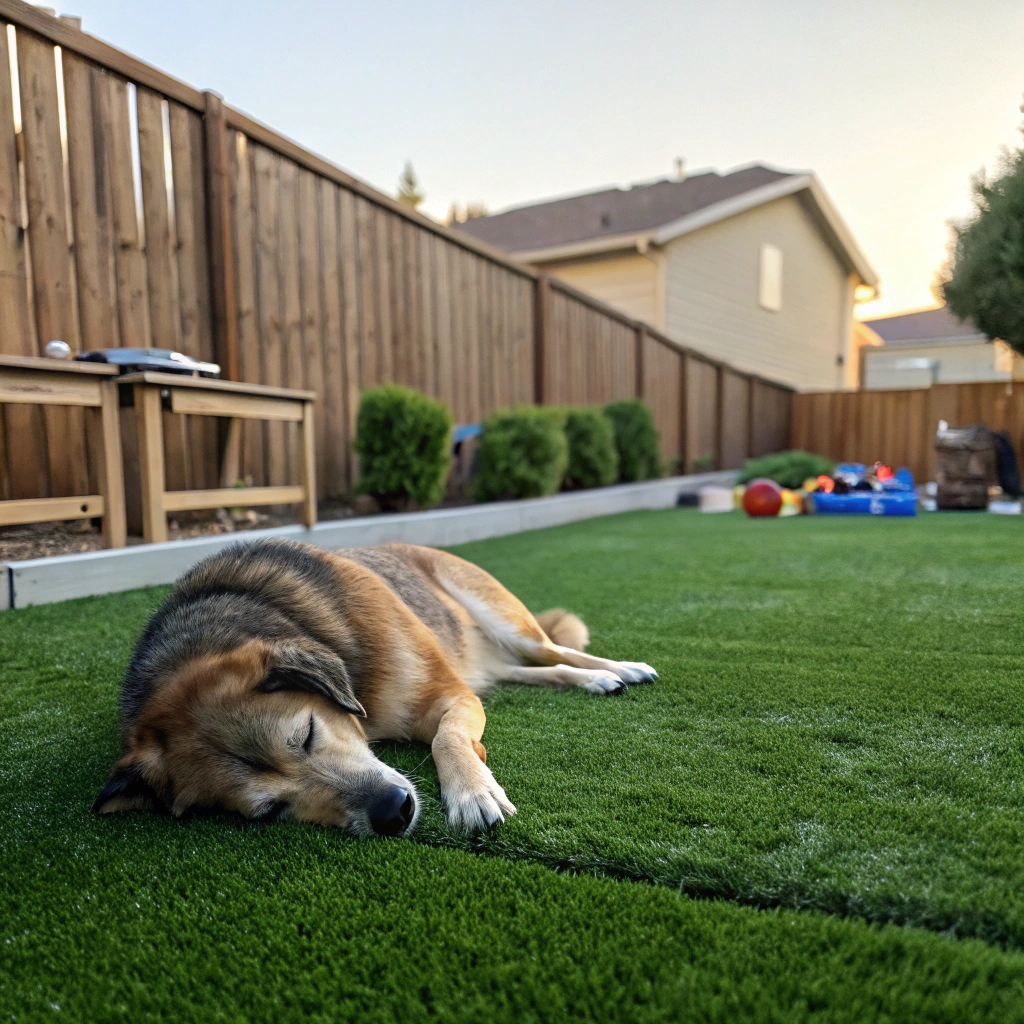 Dog resting on pet-safe synthetic grass in Australian backyard