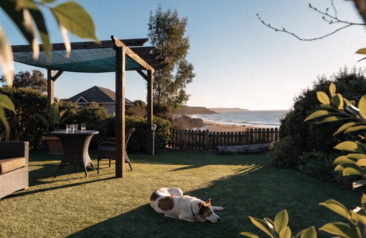 Pet-friendly artificial grass in a Long Jetty backyard with dog resting on synthetic turf