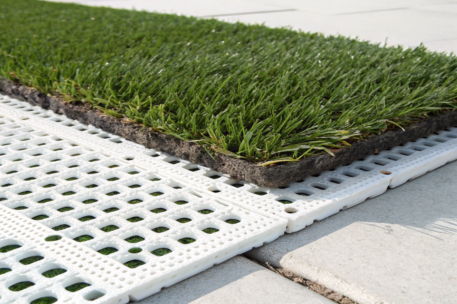 Close-up of pet turf flow-through drainage backing Central Coast