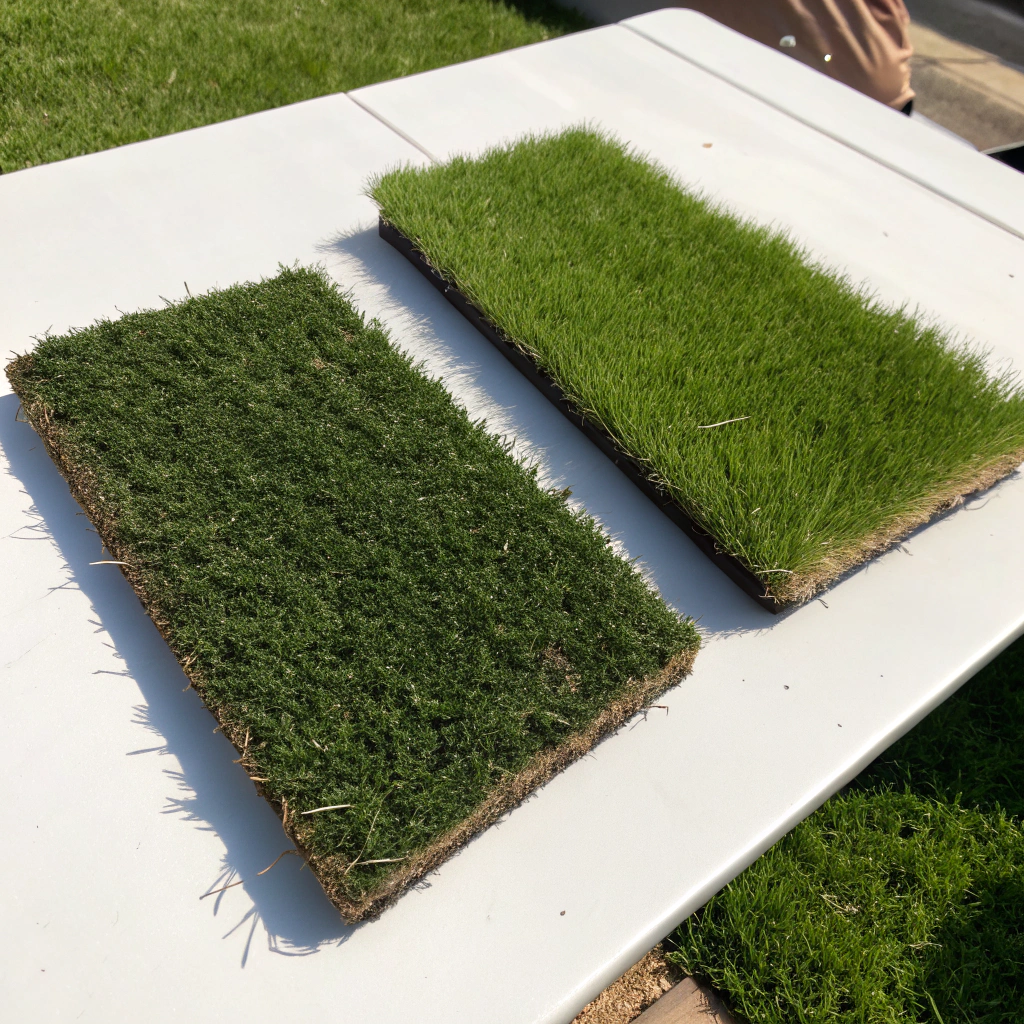 Short dense pet turf pile beside longer landscape turf pile comparison
