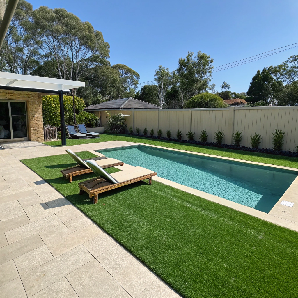 Resort-style backyard pool with artificial turf surround on the Central Coast