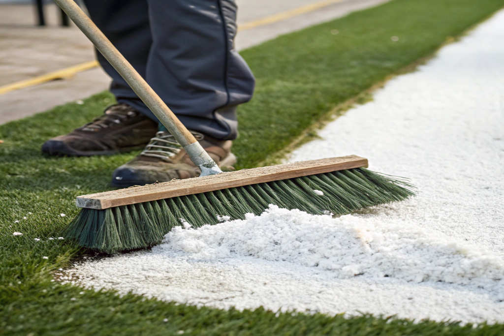 correctly graded silica sand infill being brushed into synthetic grass pile