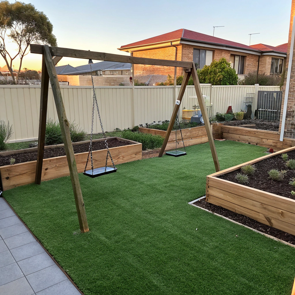 Soft fall synthetic grass installed under backyard swing set residential property