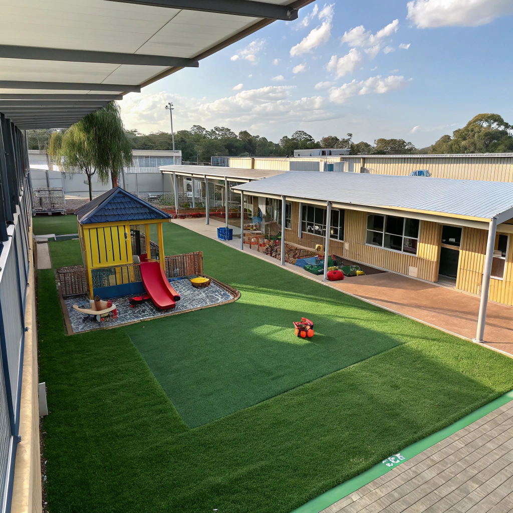 Compliant soft fall synthetic grass surface at Australian childcare centre playground