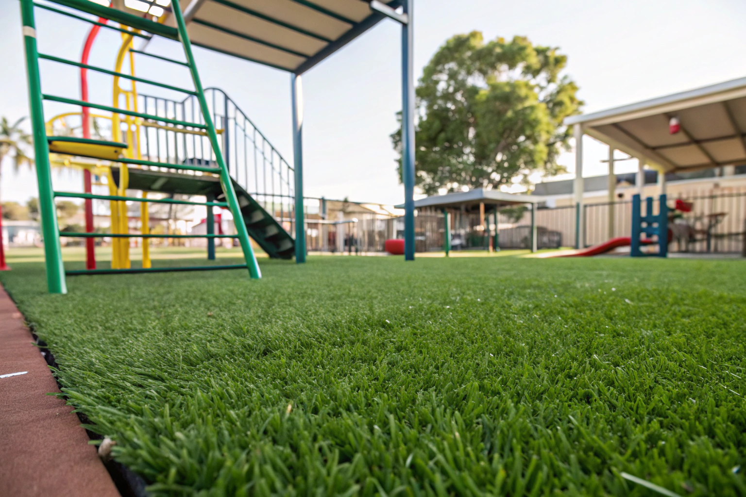 Soft fall synthetic grass installed beneath playground climbing frame Central Coast