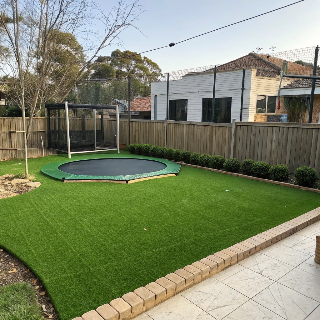 Soft fall synthetic grass installed around trampoline in Australian backyard
