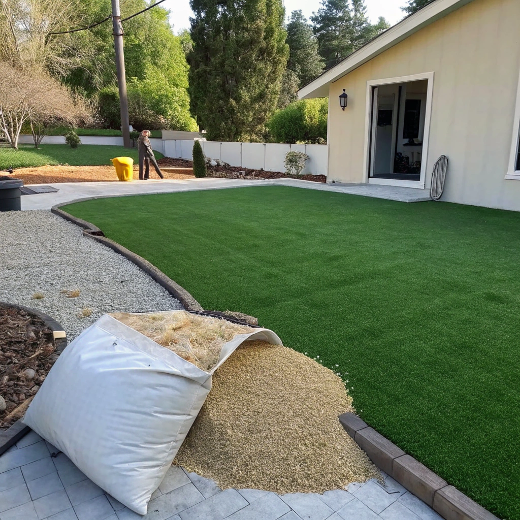 synthetic grass infill top-up being applied to residential lawn Central Coast