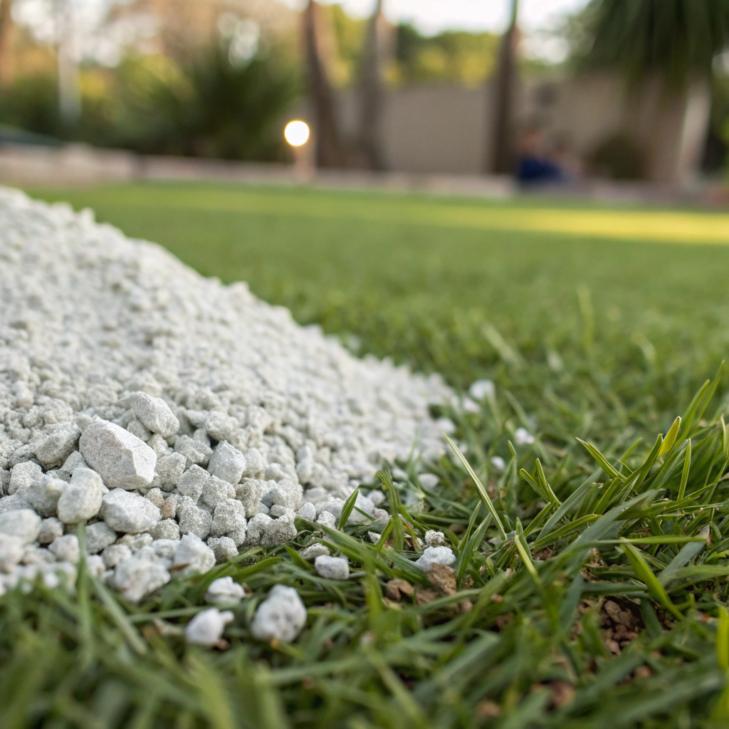 zeolite granules spread across pet-friendly synthetic grass surface