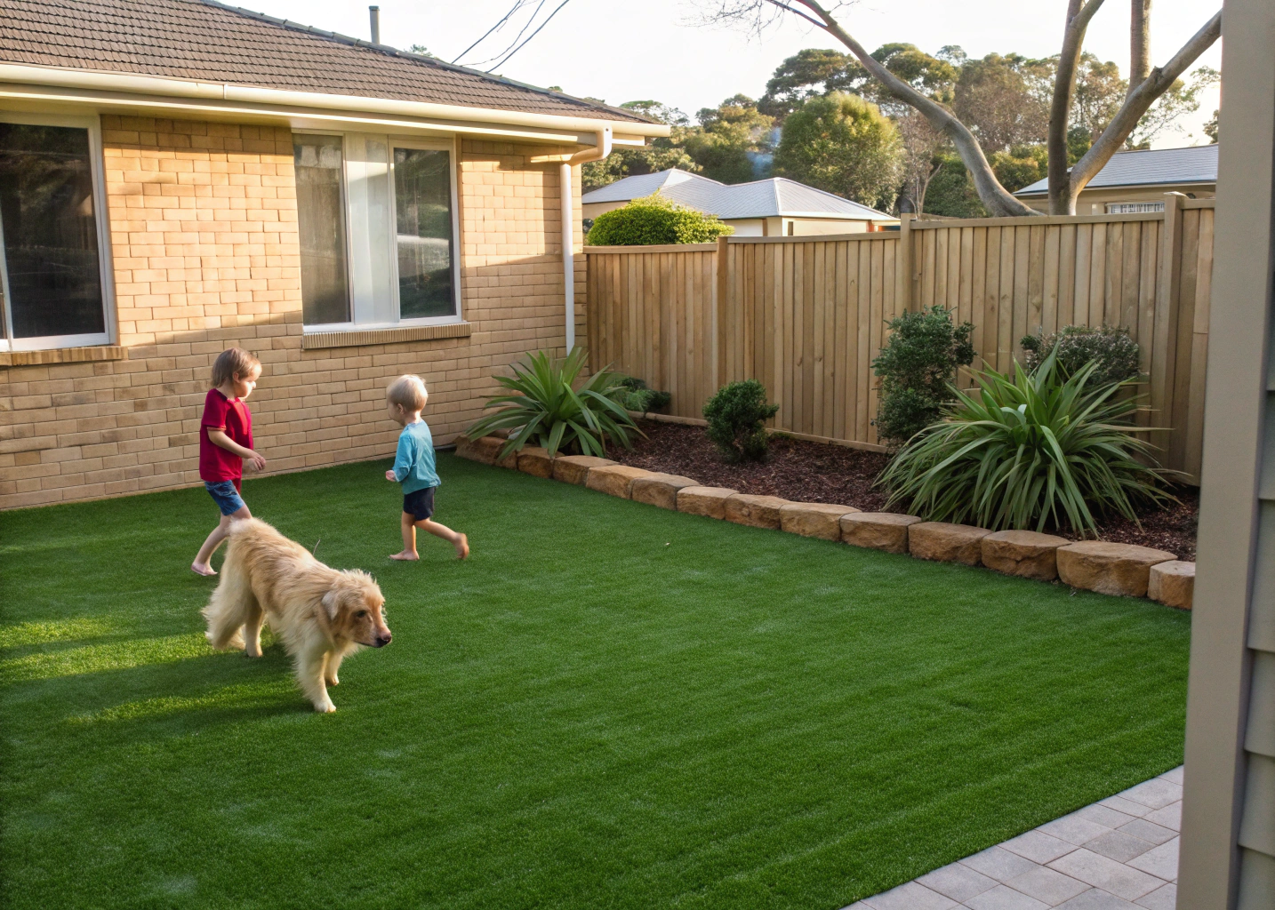 Artificial grass installation in a Killarney Vale backyard with children playing