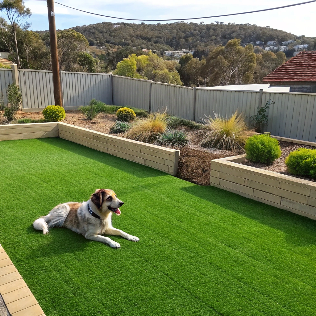 Pet-friendly artificial grass in a Central Coast backyard with a dog