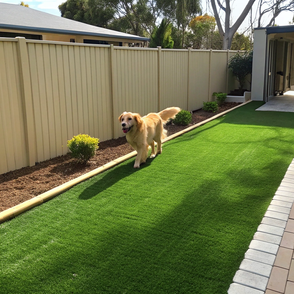 Large dog running on pet-friendly synthetic turf in a Central Coast backyard