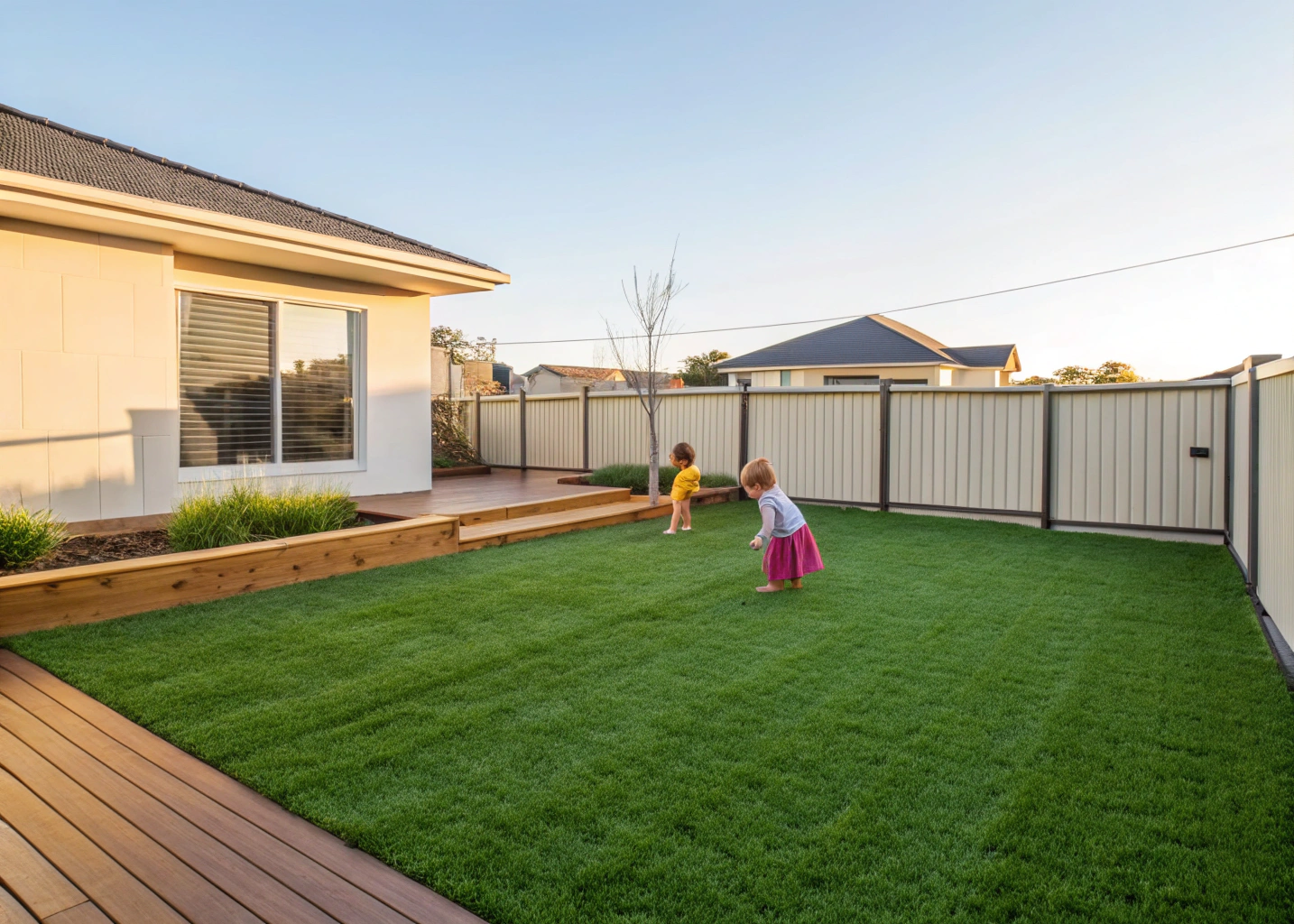 Freshly installed synthetic grass in a Blue Haven backyard with children playing
